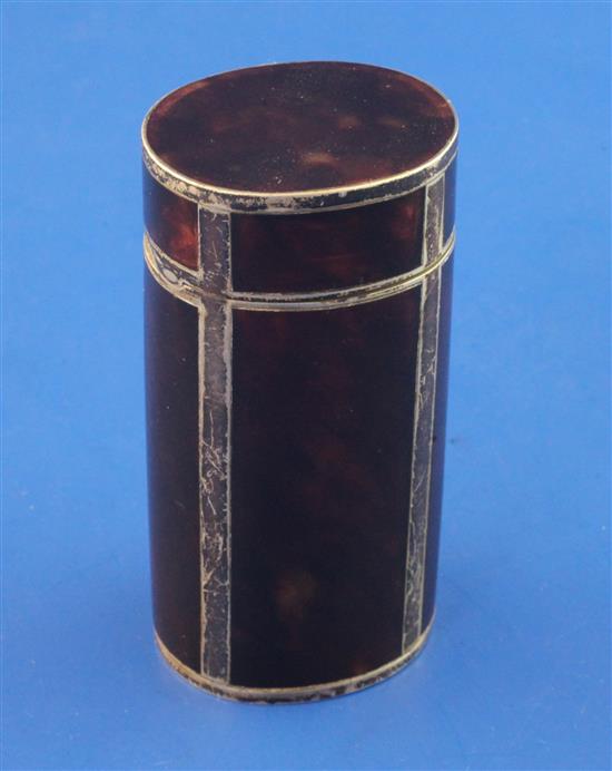 An early 20th century Austrian 800 standard silver mounted tortoiseshell oval canister, 3.25in.